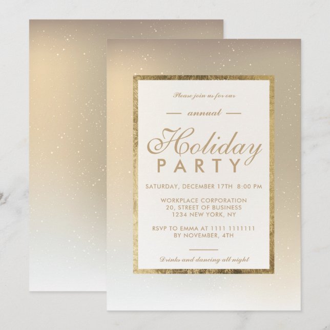 Gold ombre metal snow winter corporate holiday invitation (Front/Back)