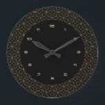 Gold on black art-deco pattern large clock<br><div class="desc">Gold on black art-deco geometric pattern with gold faux glitter numerals. Elegant design.</div>