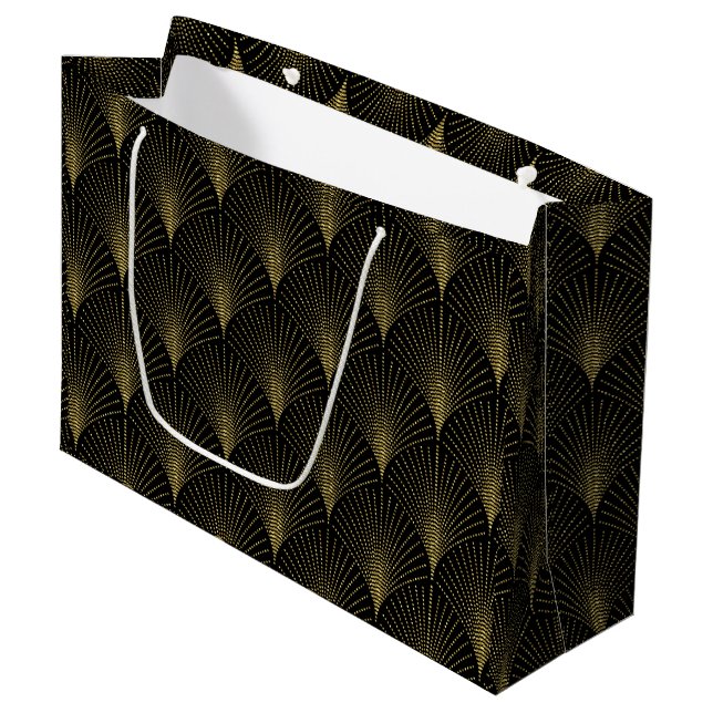 Gold on black Art Deco Pattern Large Gift Bag (Front Angled)