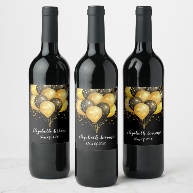 Gold On Black Balloons & Confetti Graduation Party Wine Label (Bottles)