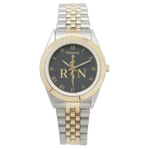 Gold on Black Classy Rod of Asclepius Nurse RN Watch