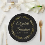 Gold on Black Elegant Floral Filigree Wedding Paper Plate<br><div class="desc">These beautiful paper plates are designed to coordinate with our Gold Foil Elegant Wedding Suite. They feature a faux foil gold floral border with a space to enter the name of the couple and the wedding date. Text is gold background is black. Fully customizable. Make your wedding reception all the...</div>