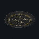 Gold on Black Elegant Floral Filigree Wedding Paper Plate<br><div class="desc">These beautiful paper plates are designed to coordinate with our Gold Foil Elegant Wedding Suite. They feature a faux foil gold floral border with a space to enter the name of the couple and the wedding date. Text is gold background is black. Fully customizable. Make your wedding reception all the...</div>