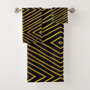Gold On Black Geometric Design Bath Towel Set