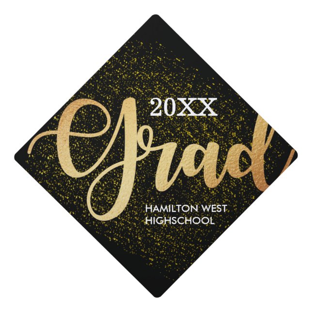Gold on black Grad Year Golden glitter Graduation Cap Topper (Front)