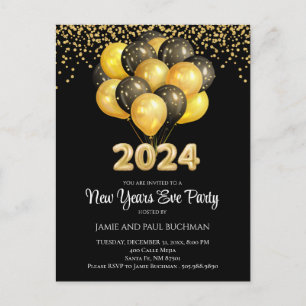 Gold On Black New Years Eve Balloons Party Postcard