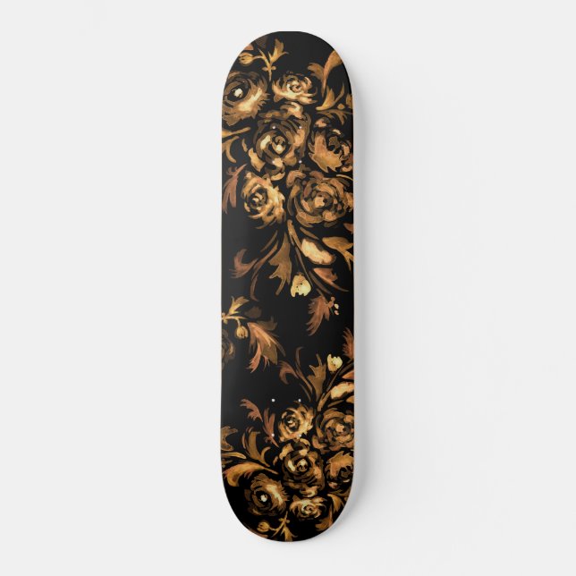 Gold on Black Roses Floral Pattern Skateboard (Front)