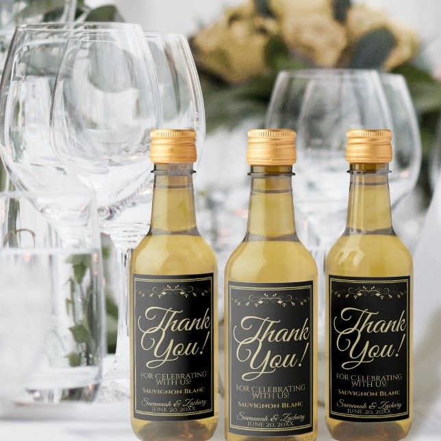 Gold on Black Wedding Mini Wine Bottle Thank You Wine Label (Creator Uploaded)