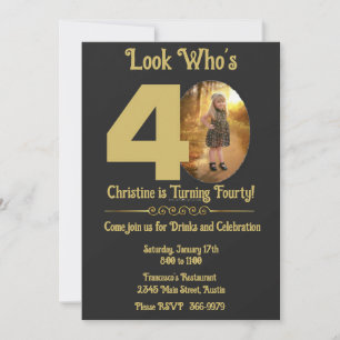 Gold on Black with photo 40th Birthday  Invitation
