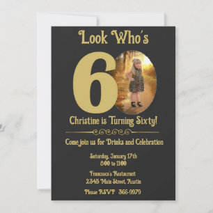 Gold on Black with photo 60th Birthday Invitation