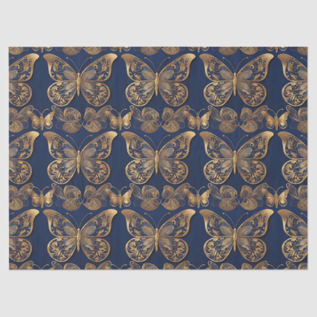 Gold On Blue Butterflies Decoupage Tissue  Paper (Front)