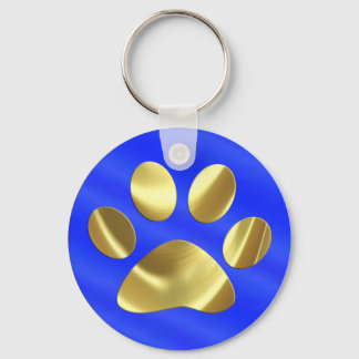 Gold on Blue Cat Paw Print Keychain