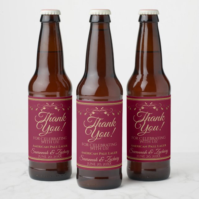Gold on Burgundy Maroon Wedding Thank You Beer Bottle Label (Bottles)