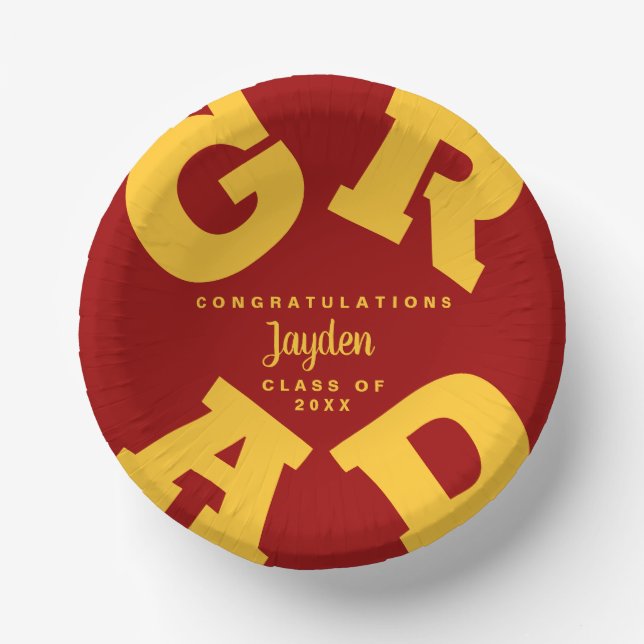 Gold on Cardinal Red Bold Graduation Paper Plate (Front)
