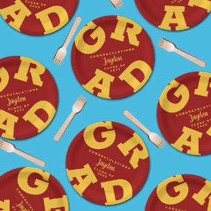 Gold on Cardinal Red Bold Graduation Paper Plate