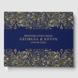 Gold On Dark-Blue Floral Paisley Lace Guest Book