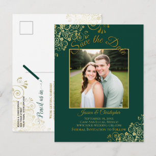 Gold on Emerald Green Wedding Save the Date Photo Announcement Postcard