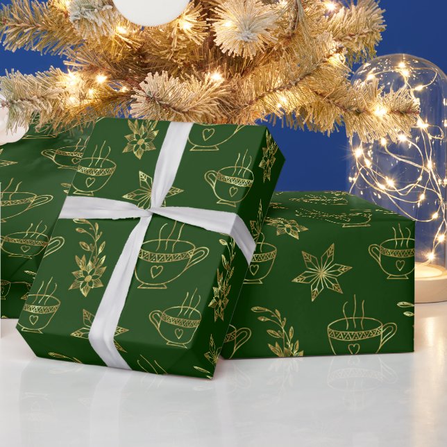 Gold on green Christmas symbols seamless pattern Wrapping Paper (Holidays)