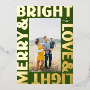 Gold on Green Merry and Bright Love and Light Foil Holiday Card