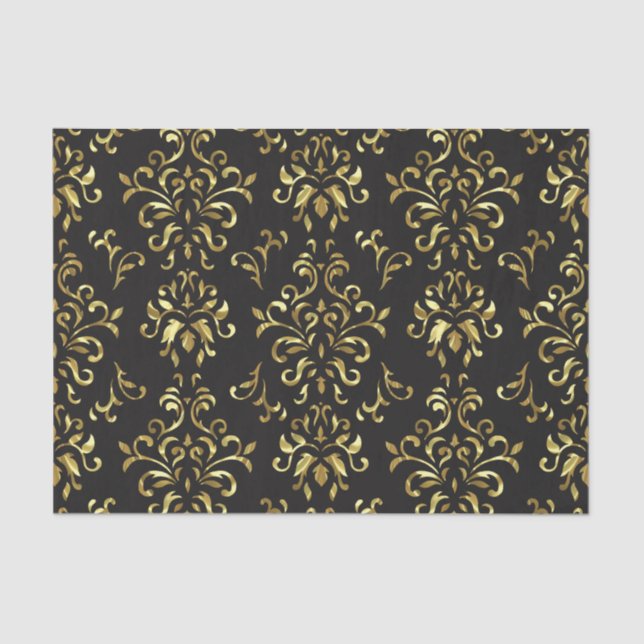 Gold On lack Vintage Damask Pattern Tissue Paper (Front)