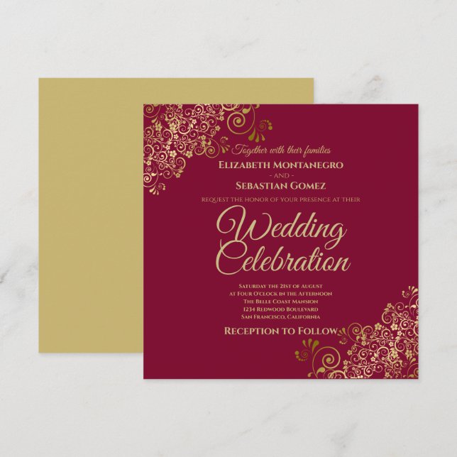 Gold on Maroon Simple Elegant Square Wedding Invitation (Front/Back)