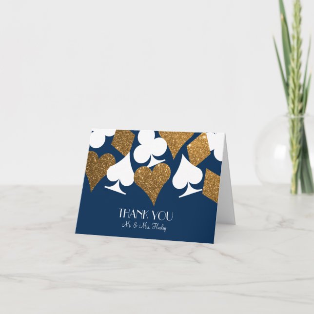 Gold on Navy Blue Las Vegas Glitter Thank You Note Card (Front)
