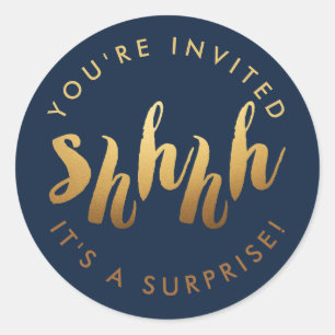 Gold on Navy Shh Surprise Custom Colour Birthday Classic Round Sticker