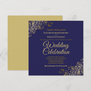Gold on Navy Simple Elegant Square Wedding Invitation