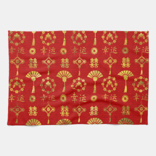 Gold on Red Lucky Chinese Symbols Pattern Kitchen Towel