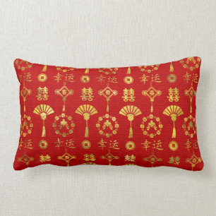 Gold on Red  Lucky Chinese Symbols  Pattern Lumbar Pillow