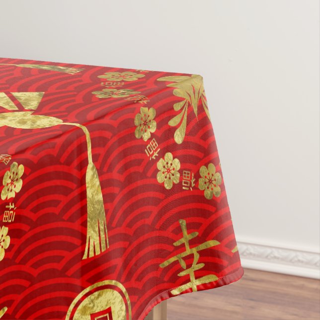 Gold on Red  Lucky Chinese Symbols  Pattern Tablecloth (In Situ)