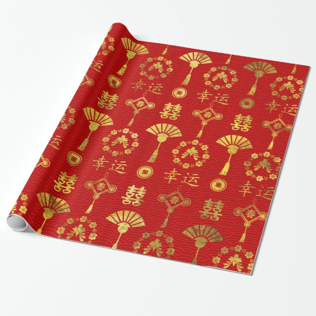 Gold on Red  Lucky Chinese Symbols  Pattern Wrapping Paper (Unrolled)