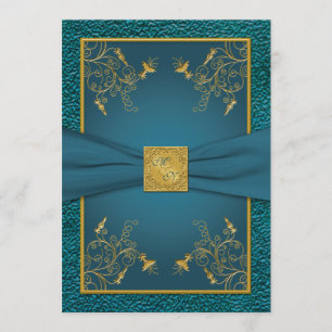 Gold on Teal Monogrammed Wedding Invitation