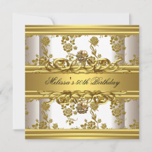 Gold On White 50th Birthday Party Jewels Floral Invitation