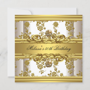Gold On White 50th Birthday Party Jewels Floral Invitation