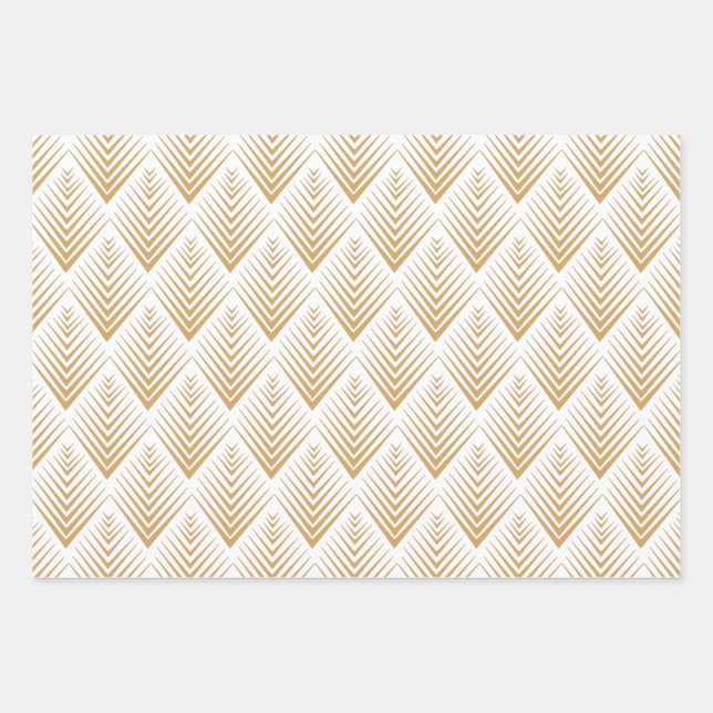 Gold on White Art Deco Fan Flowers Pattern   Wrapping Paper Sheet (Front)