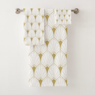 Gold on White Art Deco Geometric Pattern Bath Towel Set