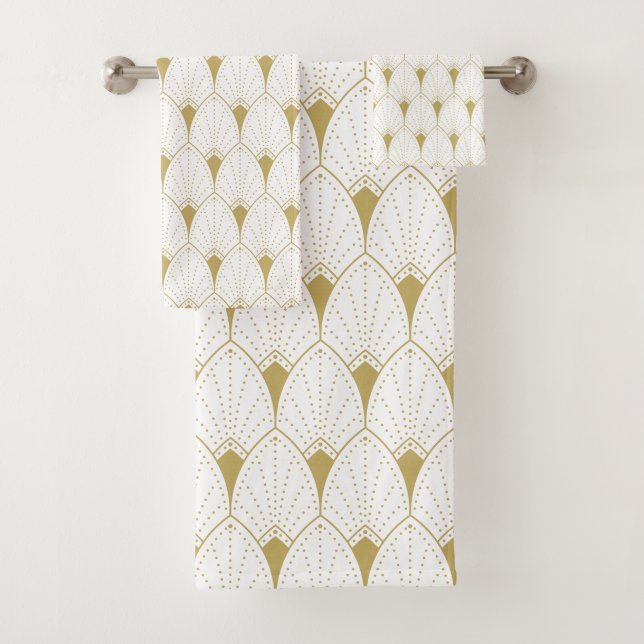 Gold on White Art Deco Geometric Pattern Bath Towel Set (Insitu)