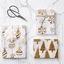 Gold on White Christmas Trees. Baubles, Snowflakes