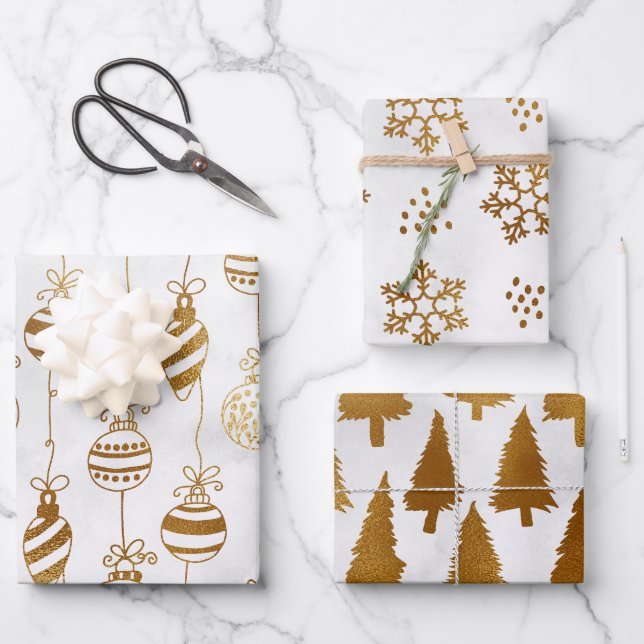 Gold on White Christmas Trees. Baubles, Snowflakes Wrapping Paper Sheet (Front)
