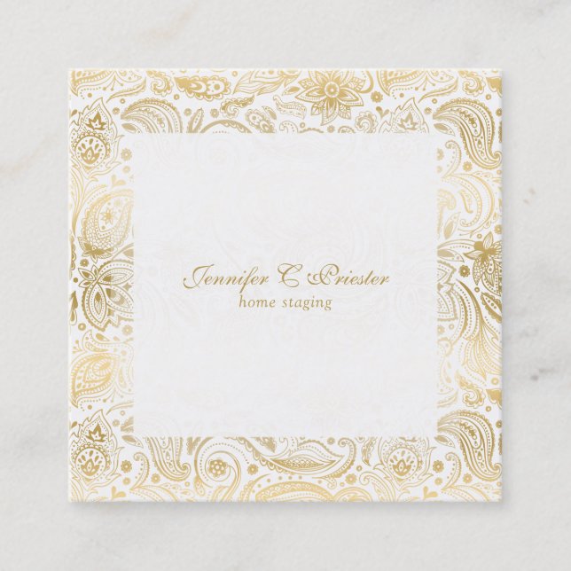 Gold on white Floral Paisley Square Business Card (Front)