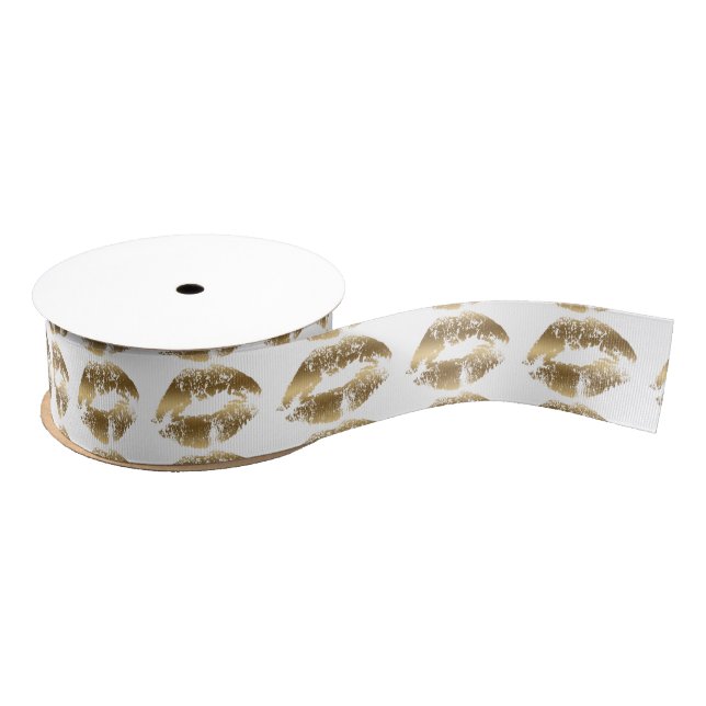Gold On White Lips Kiss Pattern Grosgrain Ribbon (Spool)