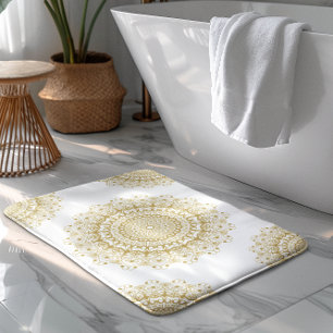 Gold on white ornate mandal pattern bath mat