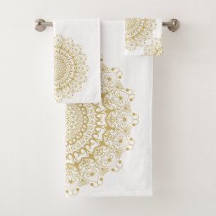 Gold on white ornate mandal pattern bath towel set