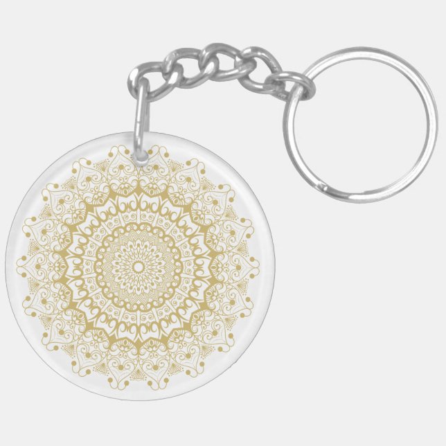 Gold on white ornate mandal pattern keychain (Back Left)