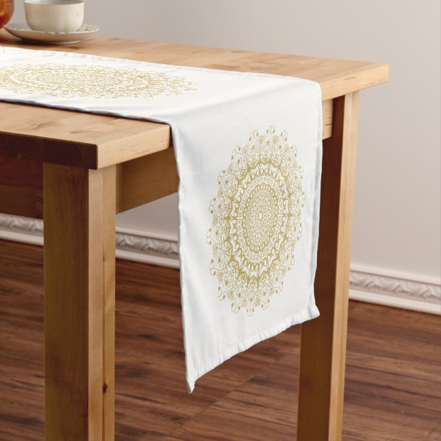 Gold on white ornate mandal pattern short table runner (In Situ)