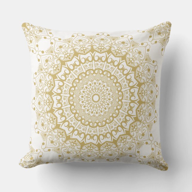 Gold on white ornate mandal pattern throw pillow (Front)
