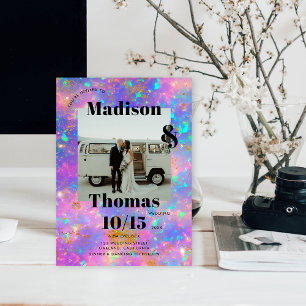 Gold Opal Stone  1 Photo Bold Minimalist Wedding Invitation