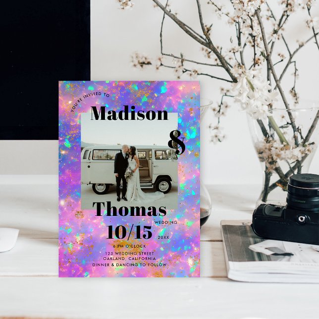 Gold Opal Stone  1 Photo Bold Minimalist Wedding Invitation (Creator Uploaded)