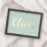 Gold or silver name elegant script pale sea green foil prints<br><div class="desc">Poster featuring your custom name in gold or silver foil on a pale sea green or custom colour background.</div>